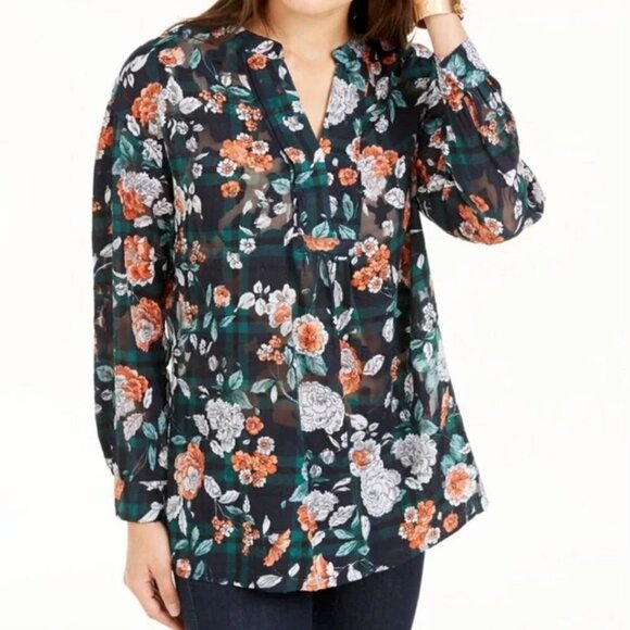 Tommy‎ Hilfiger Blue Floral Flowy Sheer Chiffon Tunic Blouse Sz M - Picture 1 of 7